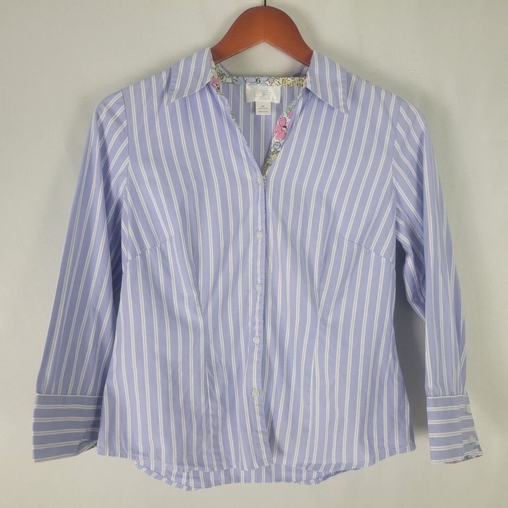 Ann Taylor Loft Shirt Womens 6 Petite Blue White Top Striped Collared Button Up
